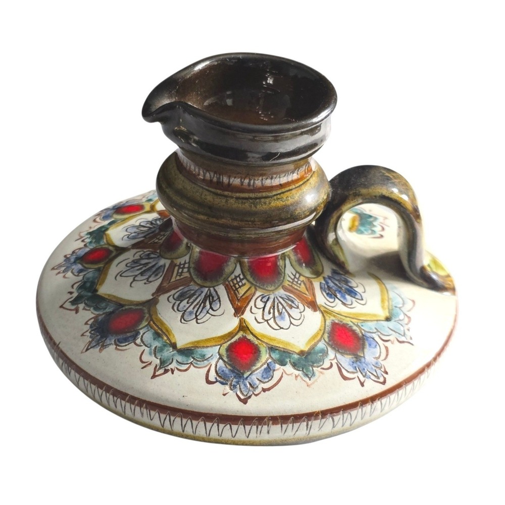 Vintage German Handarbeit Studio Pottery Pitcher Hand Painted Floral Mandala